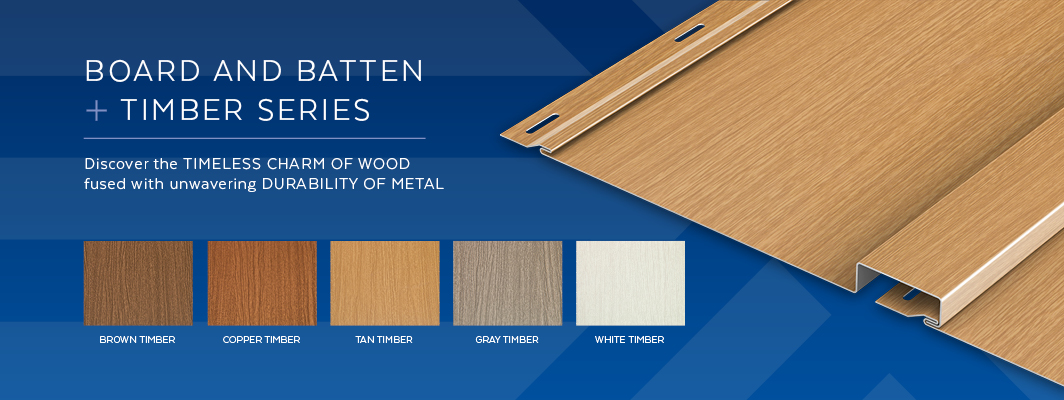 An infographic showcasing metal board and batten wall panels in wood grain patterns.