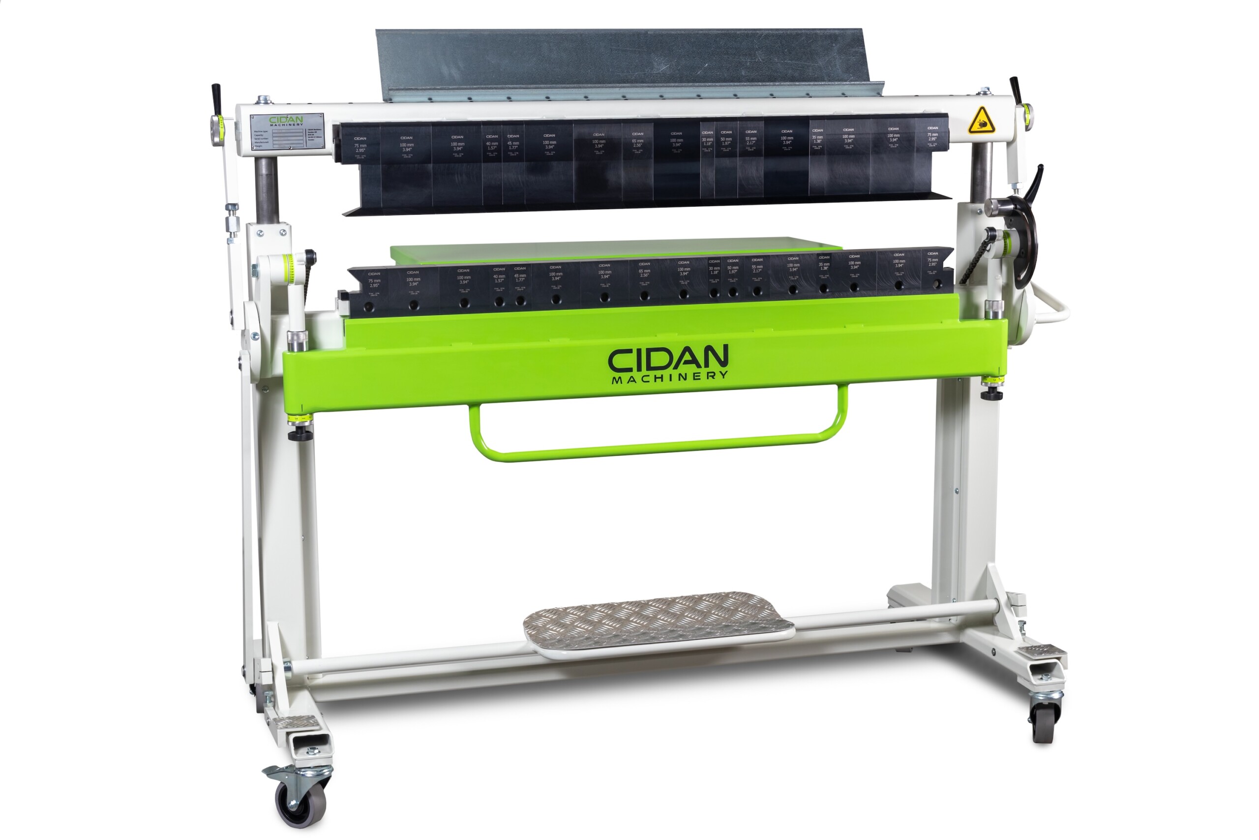 Render of a small and easy to use manual folding machine designed for mobility, versatility, and durability.