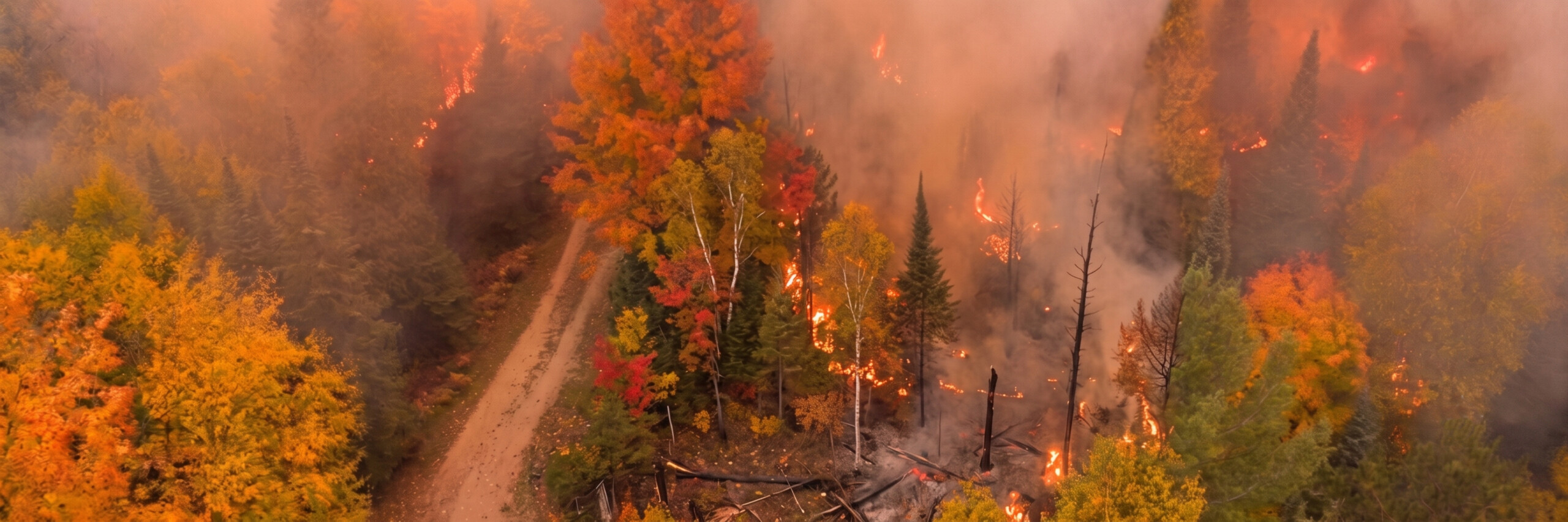 An aerial photo of a forest wildfire.